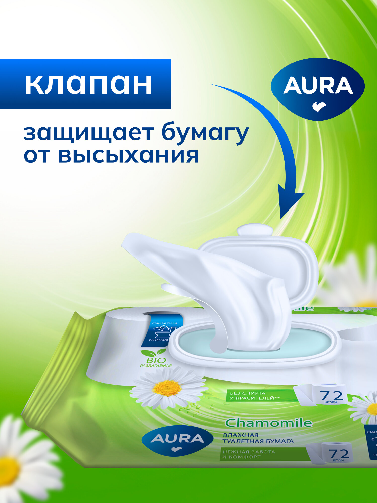 Туалетная Бумага Влажная туалетная бумага AURA с крышкой 576 шт (72 шт х 8) смываемая