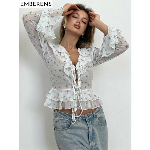 фото Блуза emberens, размер 48, бело-голубой