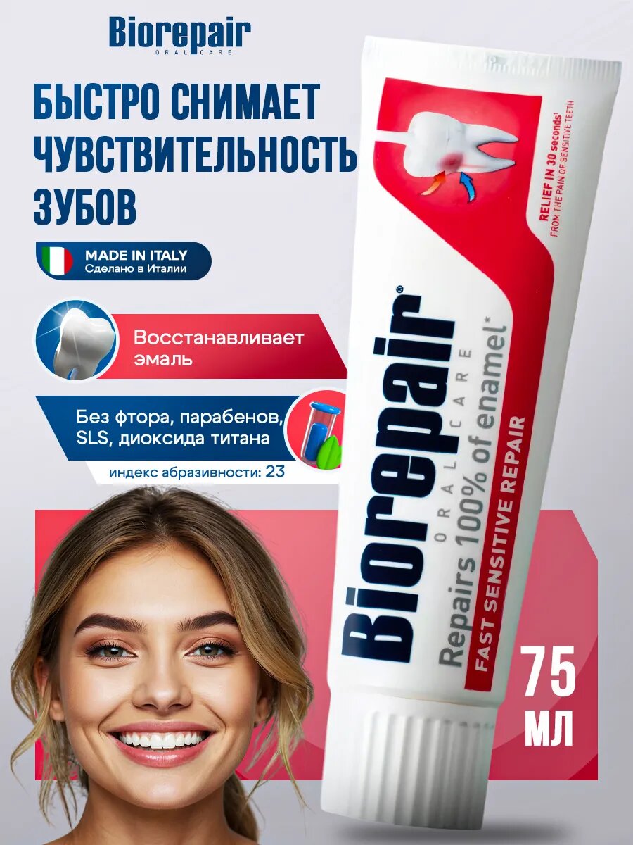Зубная паста Biorepair Fast Sensitive Repair, для чувствительных зубов, 75 мл