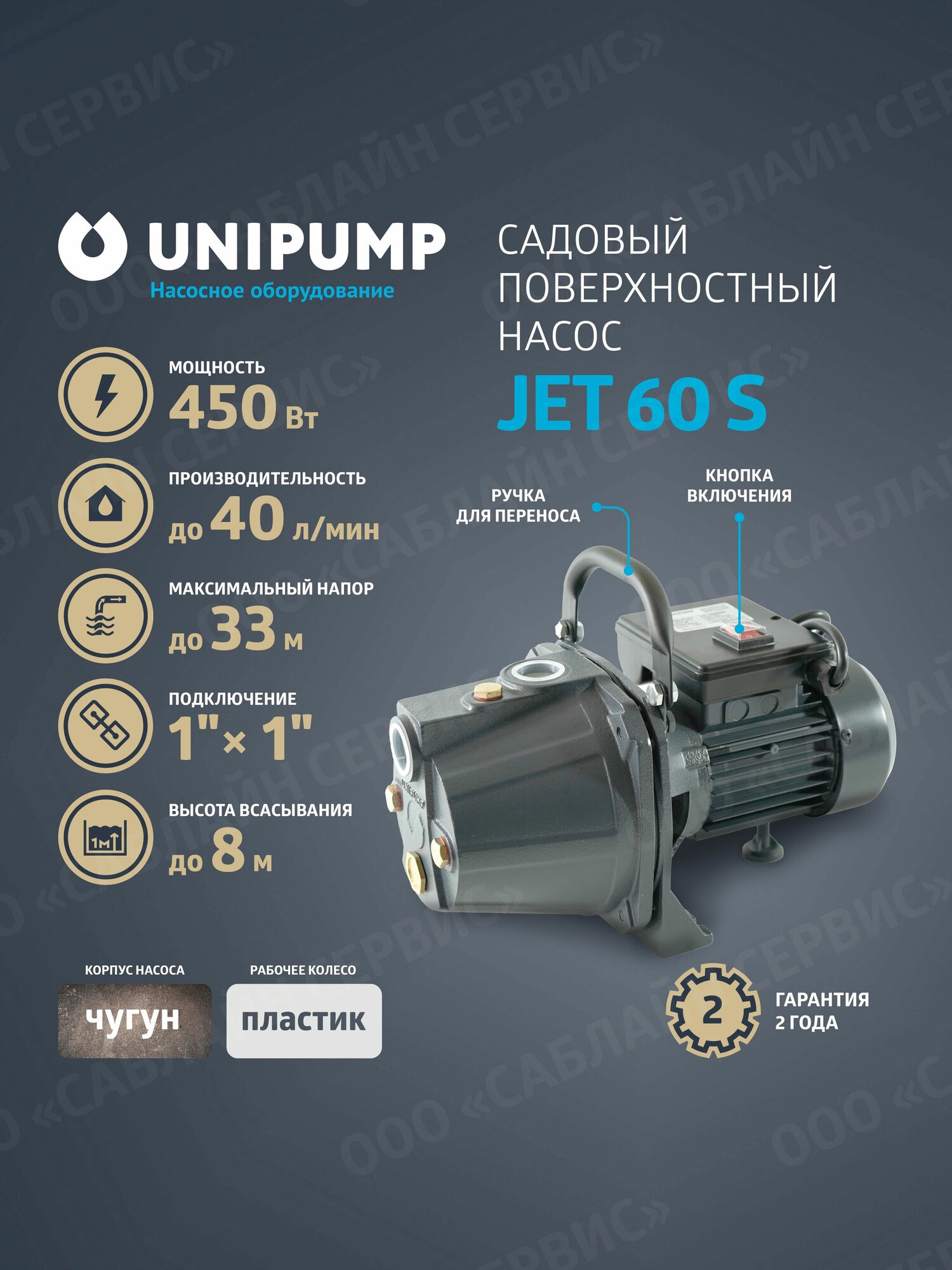 Насос для воды поверхностный садовый UNIPUMP JET 60 S с ручкой