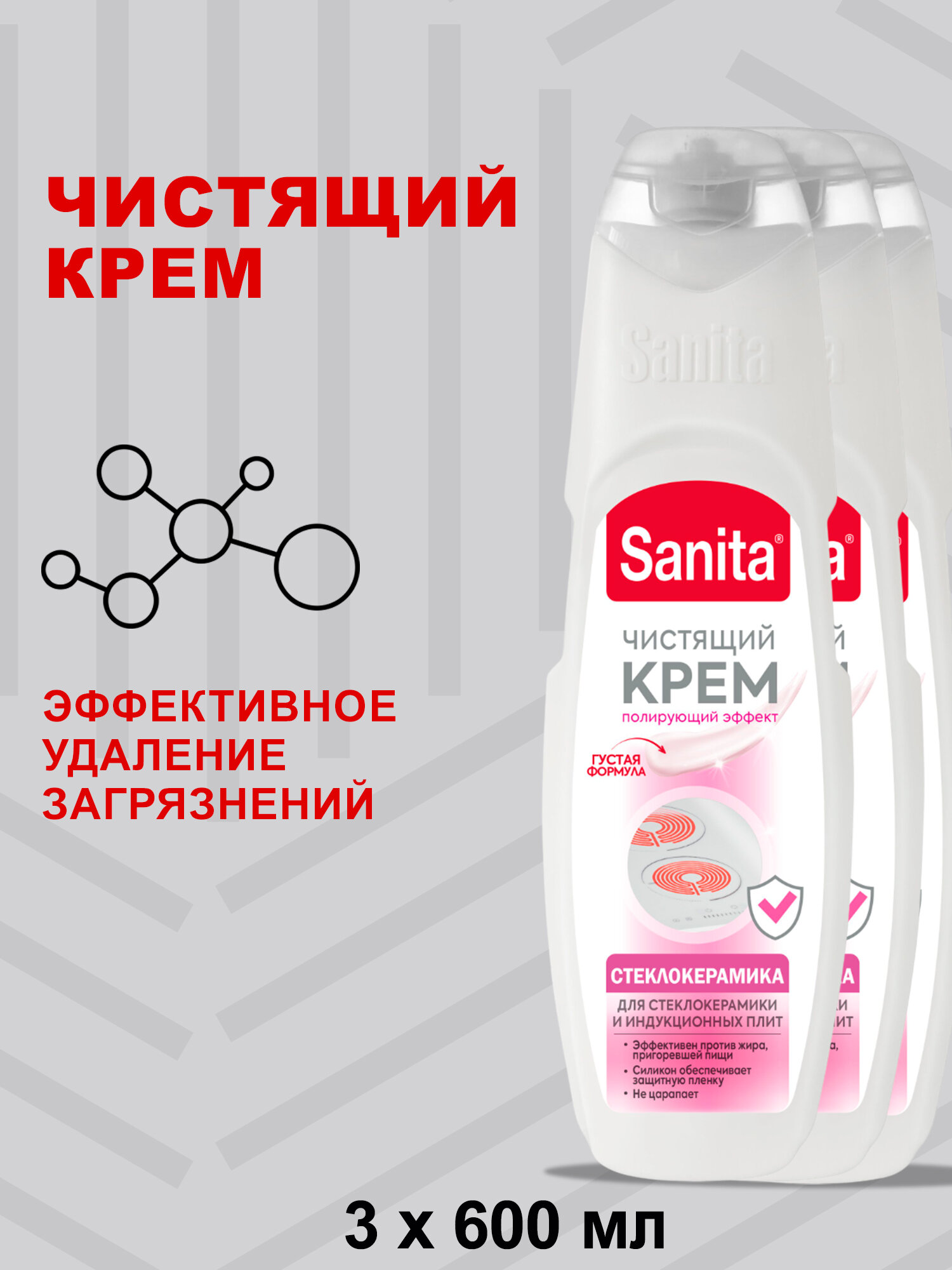 Чистящий крем САНИТА для стеклокерамики и индукционных плит, 600 мл (3 шт)