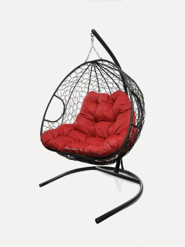 Изображение товара Подвесное кресло для двоих, с ротангом чёрное, красная подушка