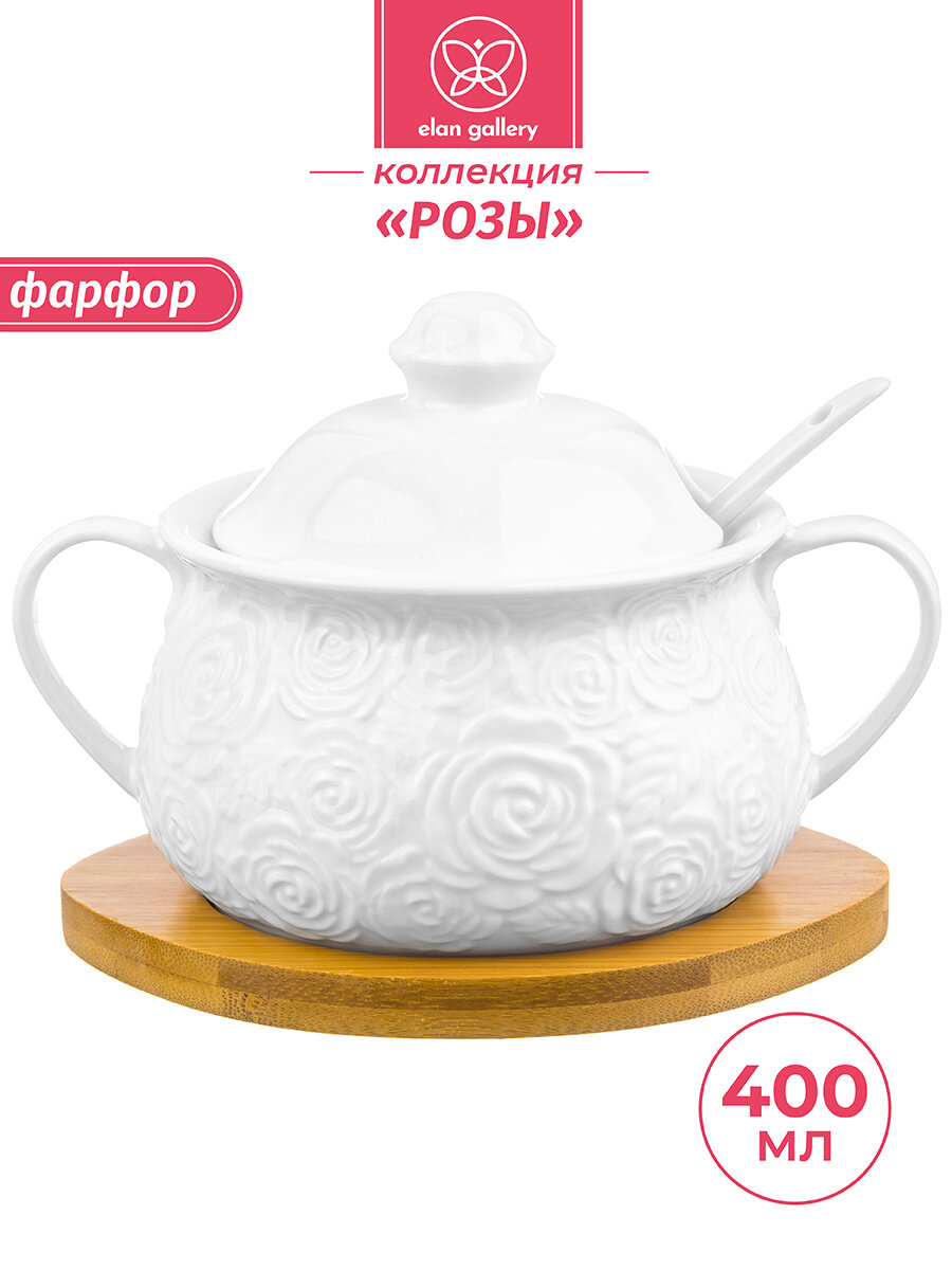 Сахарница "Розы" 15,3х11,5х10,5 см 400 мл, с ложкой и крышкой, на деревянной подставке
