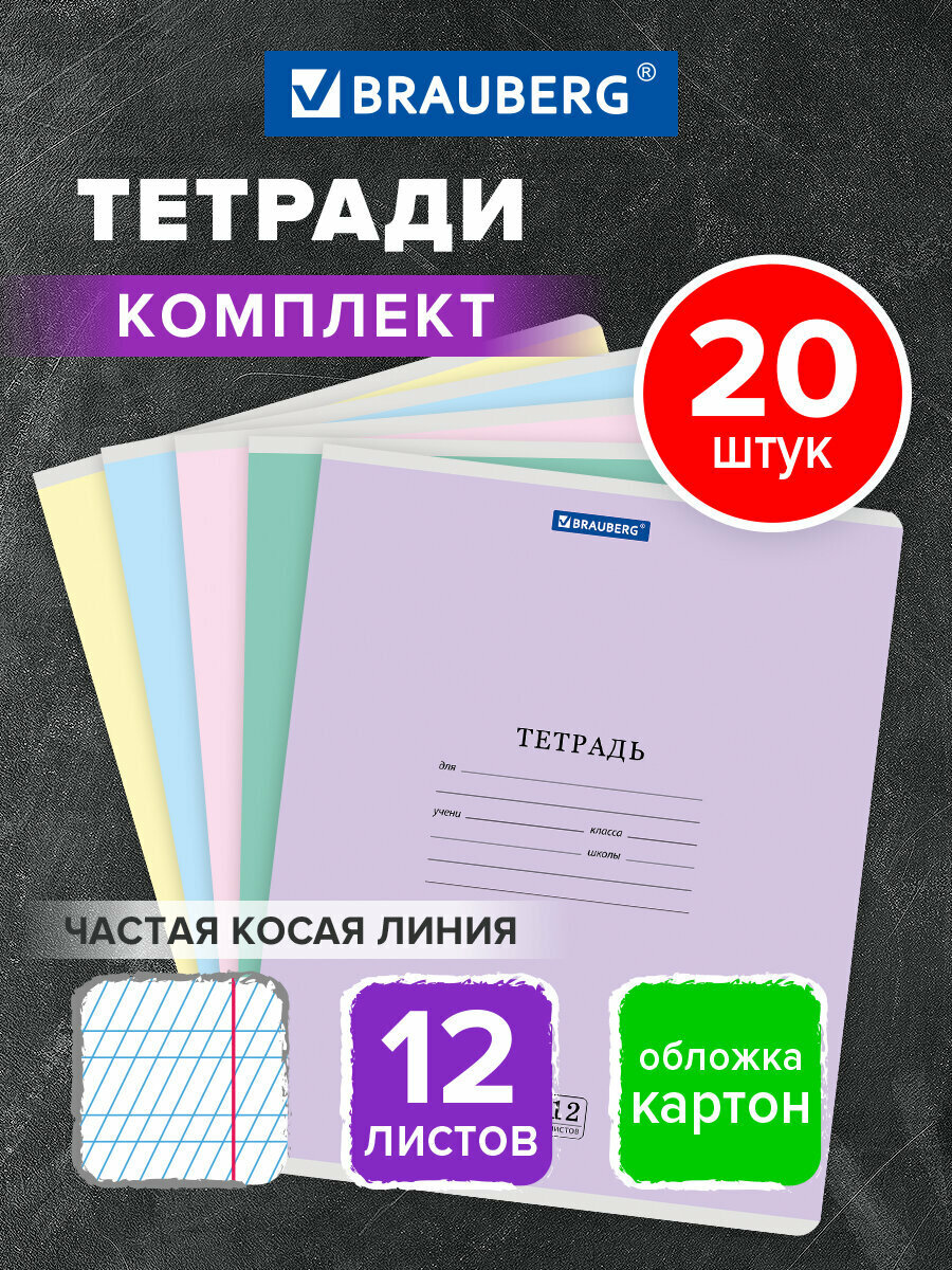 Тетрадь в частую косую линейку 12 листов для школы набор 20 штук, обложка картон, ассорти 5 цветов, Brauberg Классика New, 107070