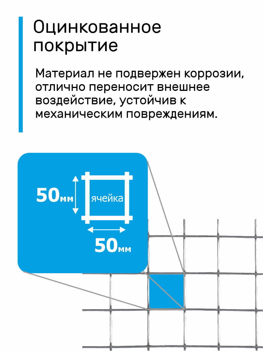 Сетка оцинкованная сварная заборная строительная ячейка 50 х 50 мм d=1,6 мм (рулон 0,5 х 25 м) — фото 1
