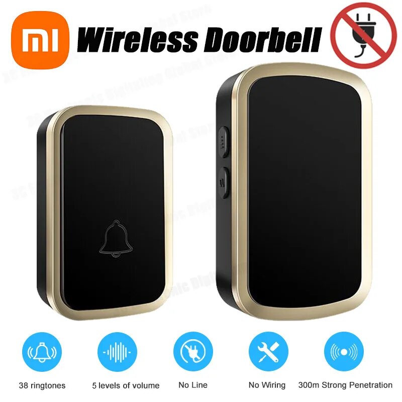 Картинки Умный беспроводной дверной звонок Xiaomi, комплект дверного звонка, водонепроницаемый с автономным питанием, 300 м/984 футов, пульт дистанционного управления, 60 песен, мелодия, звук, домашняя безопасность All White