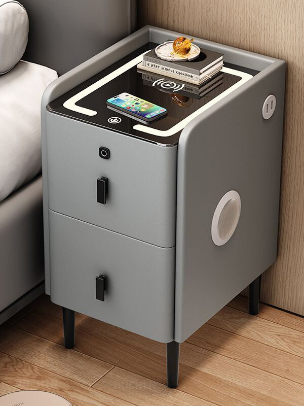 Умная прикроватная тумбочка из массива дерева, беспроводная зарядка + трехцветная подсветка + блокировка отпечатков пальцев + USB-интерфейс + аудио Bluetooth