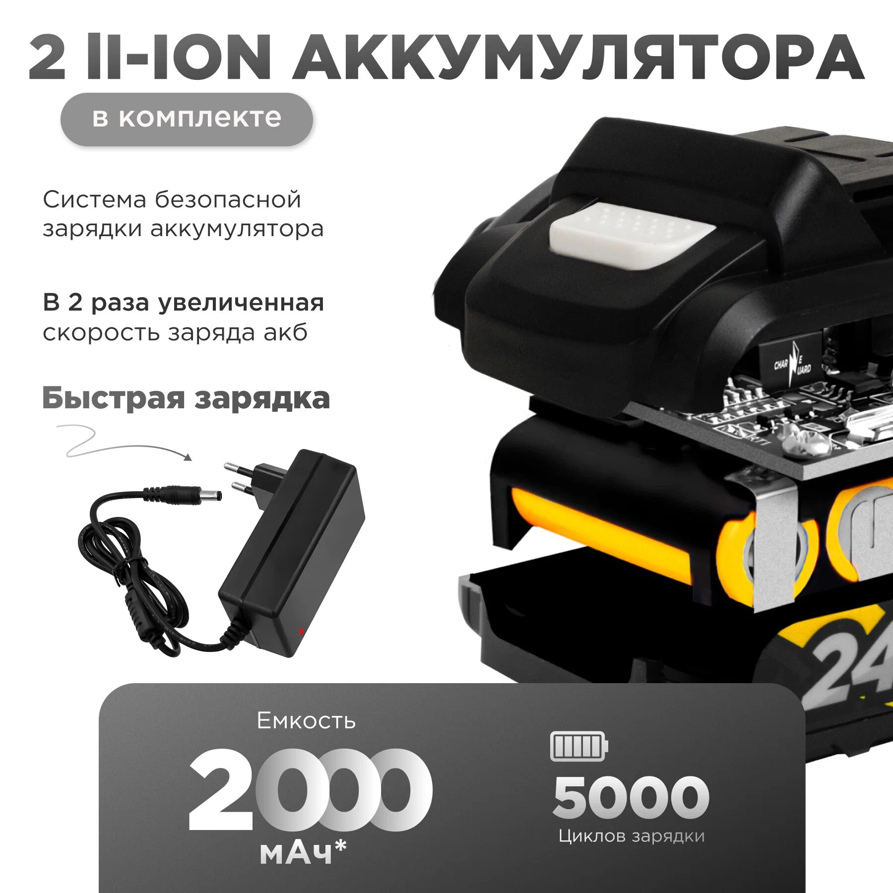 Дрель шуруповерт аккумуляторный HK-24 Li2 ударный в кейсе 2 аккумулятора 24 В, 2 Ач, 75 Нм 3500 об/мин — фото 1