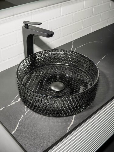 Изображение товара Накладная стеклянная раковина 36 см для ванной Comforty CF21004 серый дым на столешницу