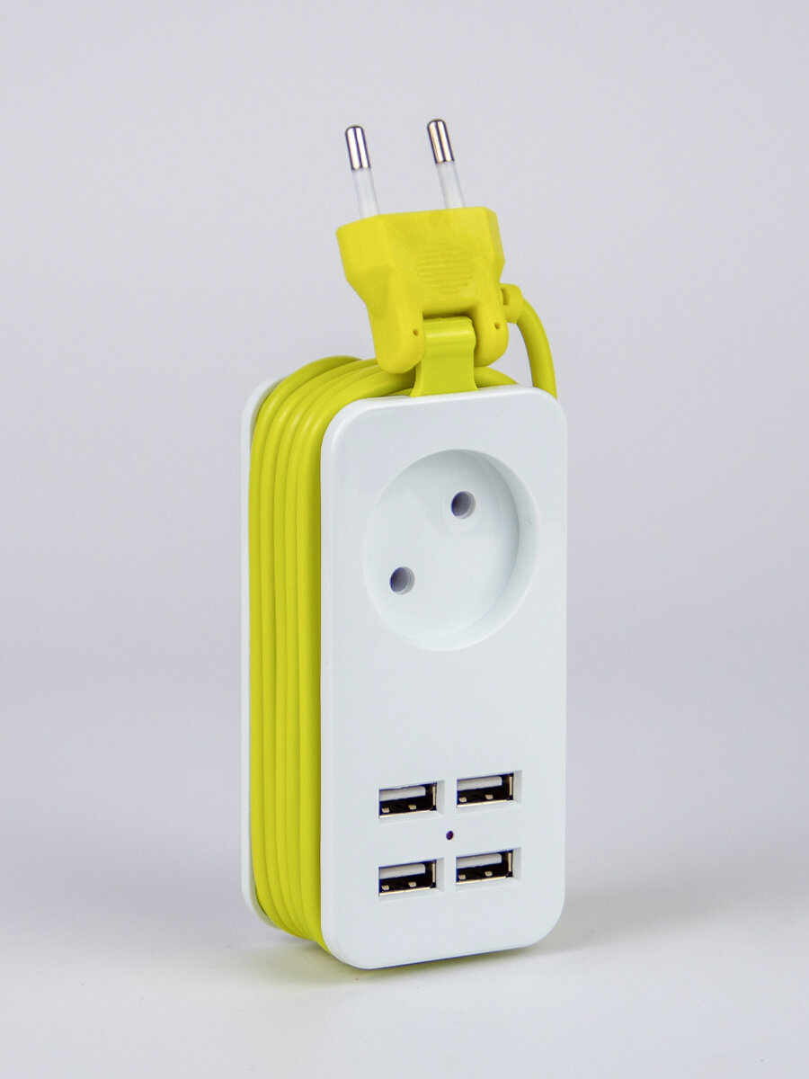 Удлинитель 1Power SFCO8-3 Socket, 1 розетка, USB-порты, 4 шт, белый, 1,5 м — фото 1