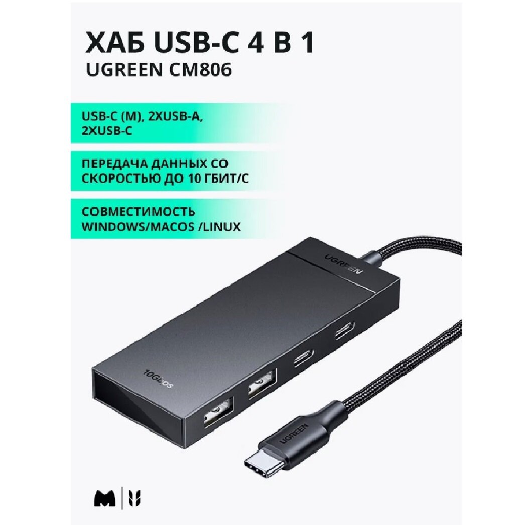 Хаб UGREEN CM806 (35583) USB-C To 2xUSB-A + 2xUSB-C HUB without PD. Цвет: черный