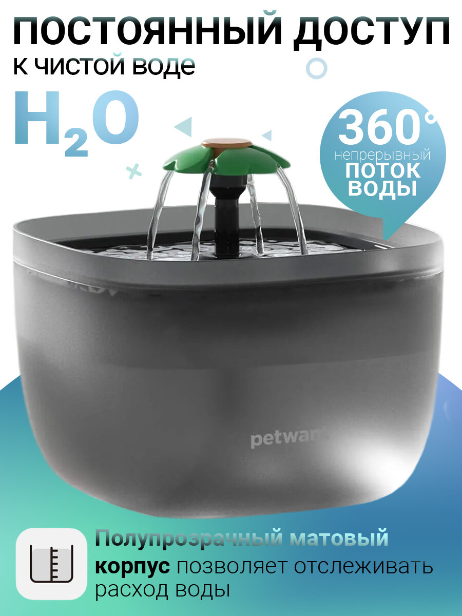 Автопоилка фонтан Petwant W7 2 л, 3 режима, для кошек и собак, черная — фото 1
