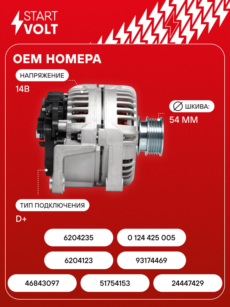 Генератор для автомобилей Opel Astra H (04-)/Zafira B (05-) 1.6i/1.8i старого образца 120A LG 2160 StartVolt — фото 1