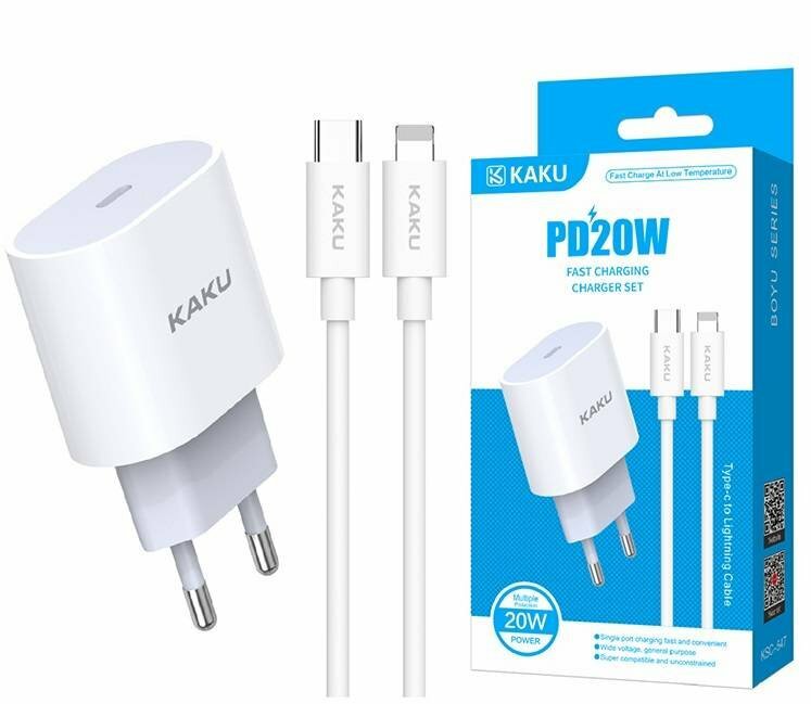 Сетевое зарядное устройство KAKUSIGA KSC-547, быстрое ЗУ для iPhone/Android, Type-C/Lightning, белое