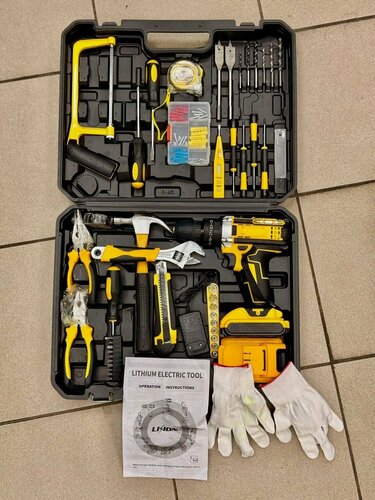 Изображение товара Набор инструментов с шуруповертом дрелью, набор инструментов для дома в чемодане, 50 предметов, универсальный, сверла, отвертки, 2 акб