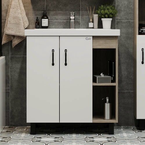 Изображение товара Тумба с раковиной Onika Тимбер 70.10 напольная, 71 см, белая, светлое дерево, матовая, из МДФ, с дверками, раковина для ванной, фарфоровая, прямоугольная, встроенный слив-перелив