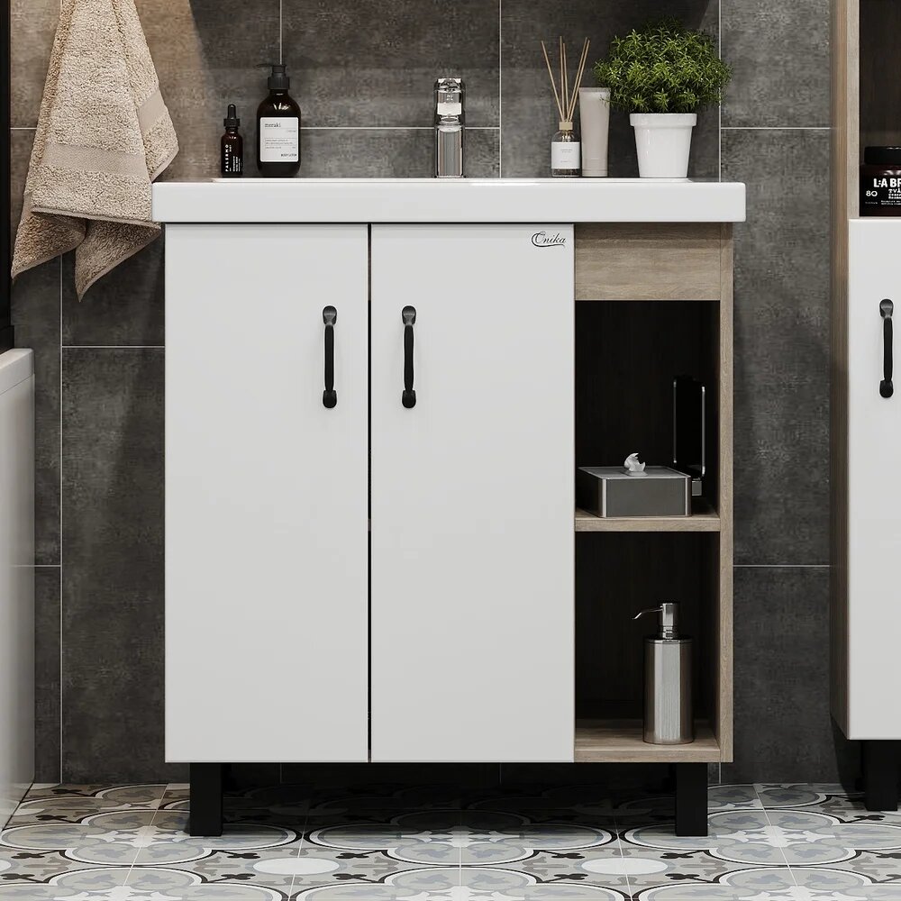 Тумба с раковиной Onika Тимбер 70.10 напольная 71 см из МДФ в скандинавском стиле из фарфора белая прямоугольная в современном стиле