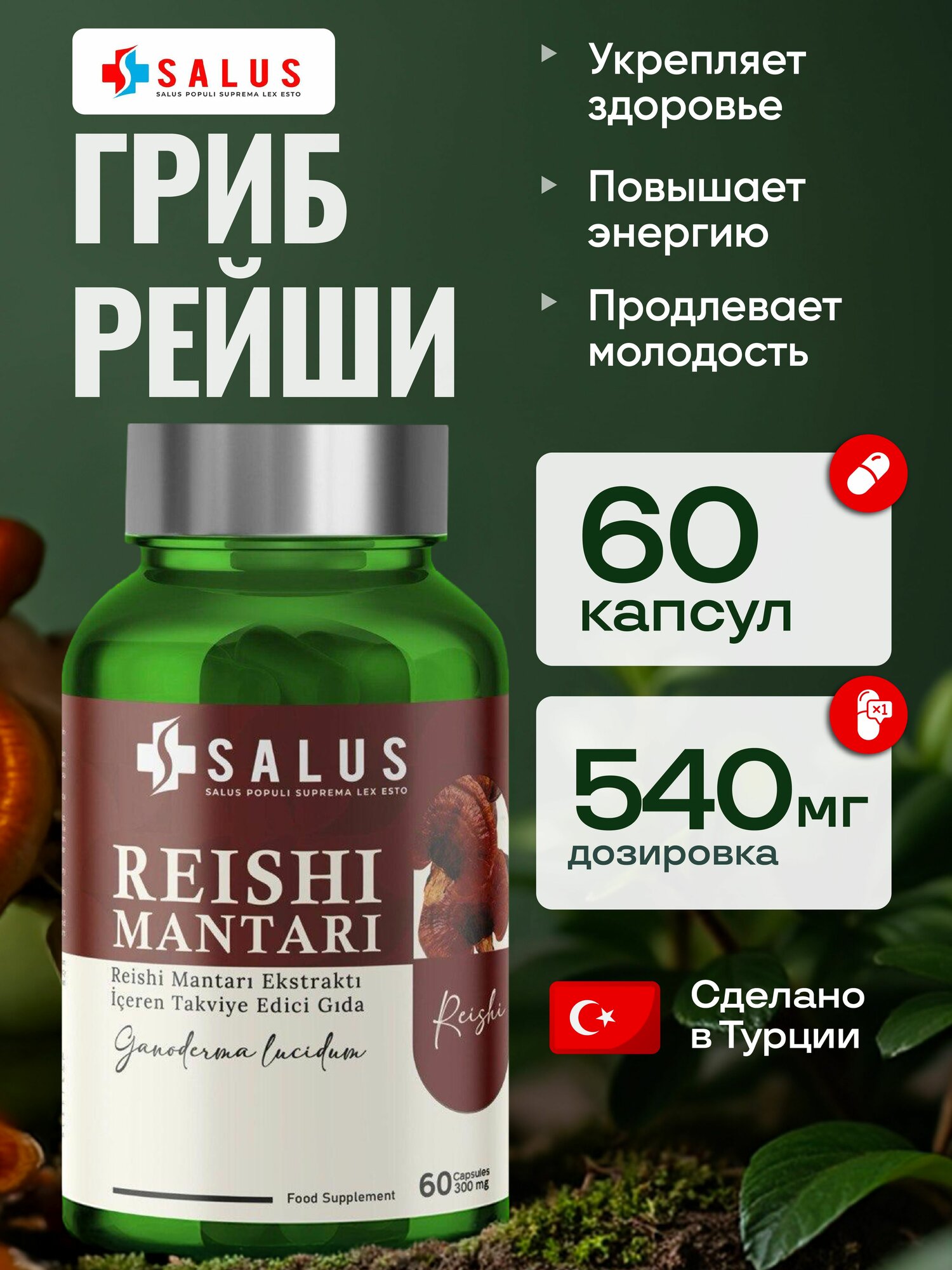 Гриб Рейши 60 капсул. Турция