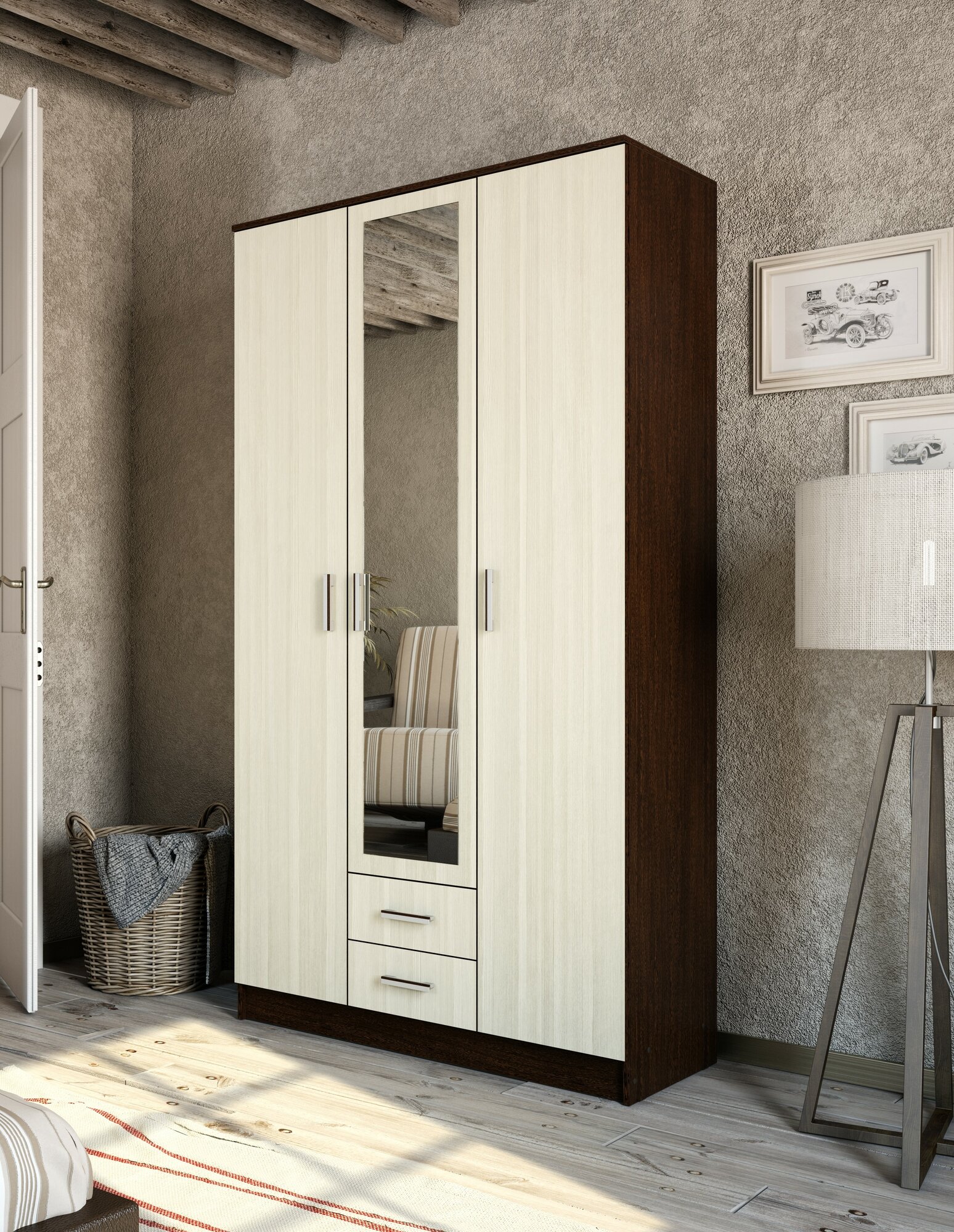 Шкаф 3х створчатый с ящиками и зеркалом Трио (120х48,7х220 см), Венге/Лоредо