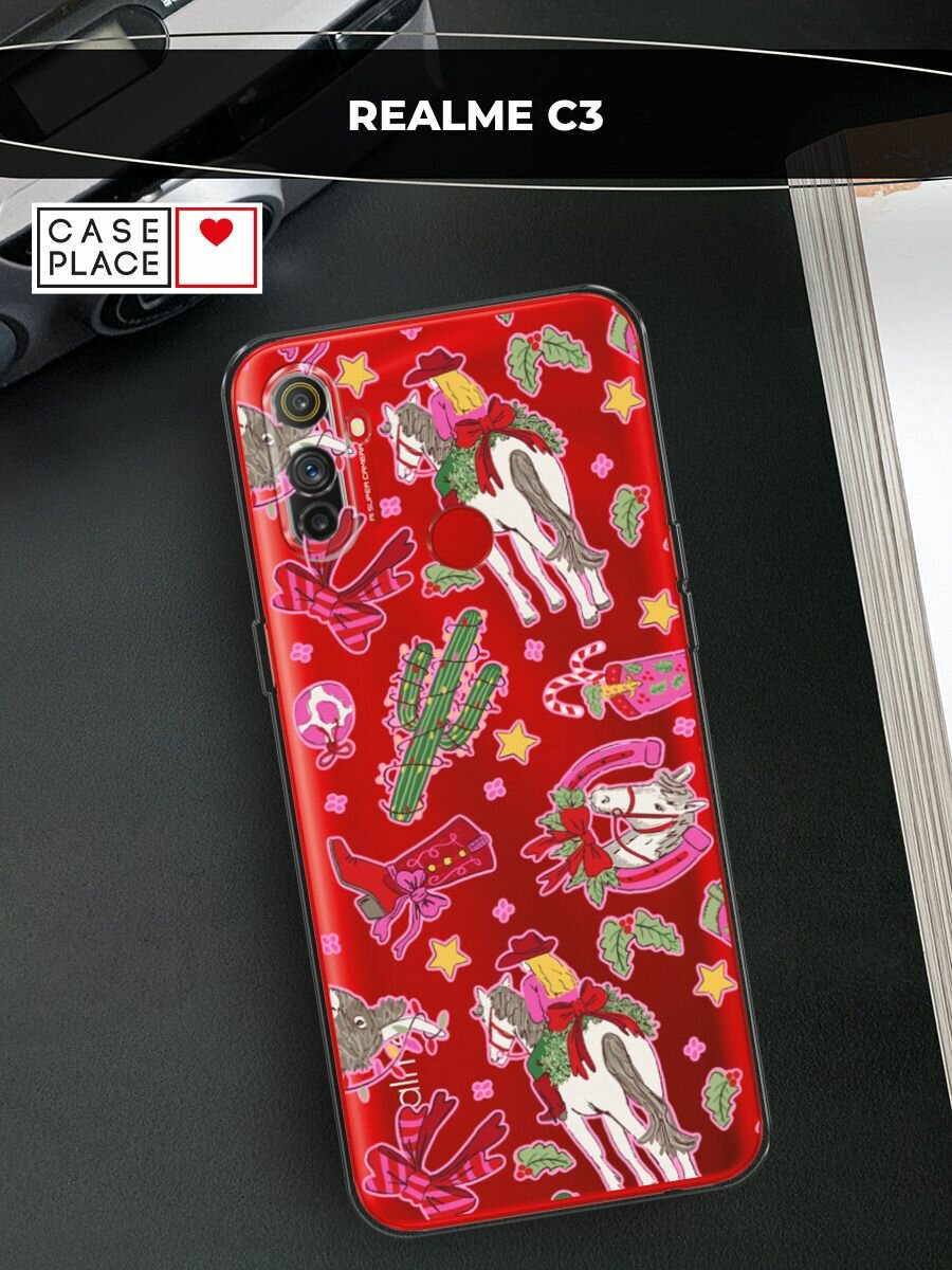 Чехол на Realme C3 / Реалми C3 с принтом "Кактус с гирляндой 2", прозрачный