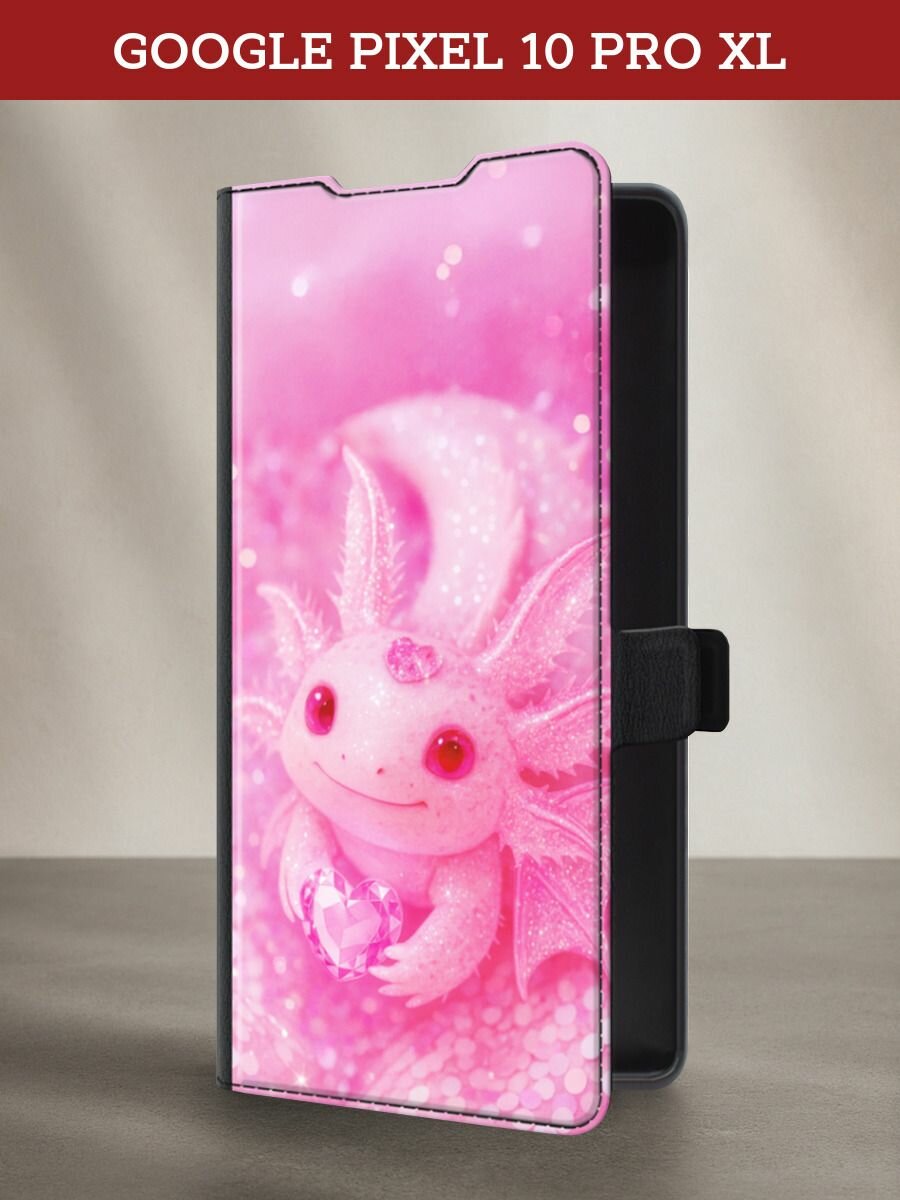 Чехол-книжка на Google Pixel 10 Pro XL / Гугл Пиксель 10 Про XL с принтом Розовый милый аксолотль, черный