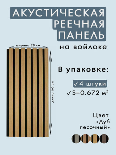 Изображение товара Акустические панели 4шт. 600х280х11мм черный войлок, МДФ, шпон дуб песочный INDECO