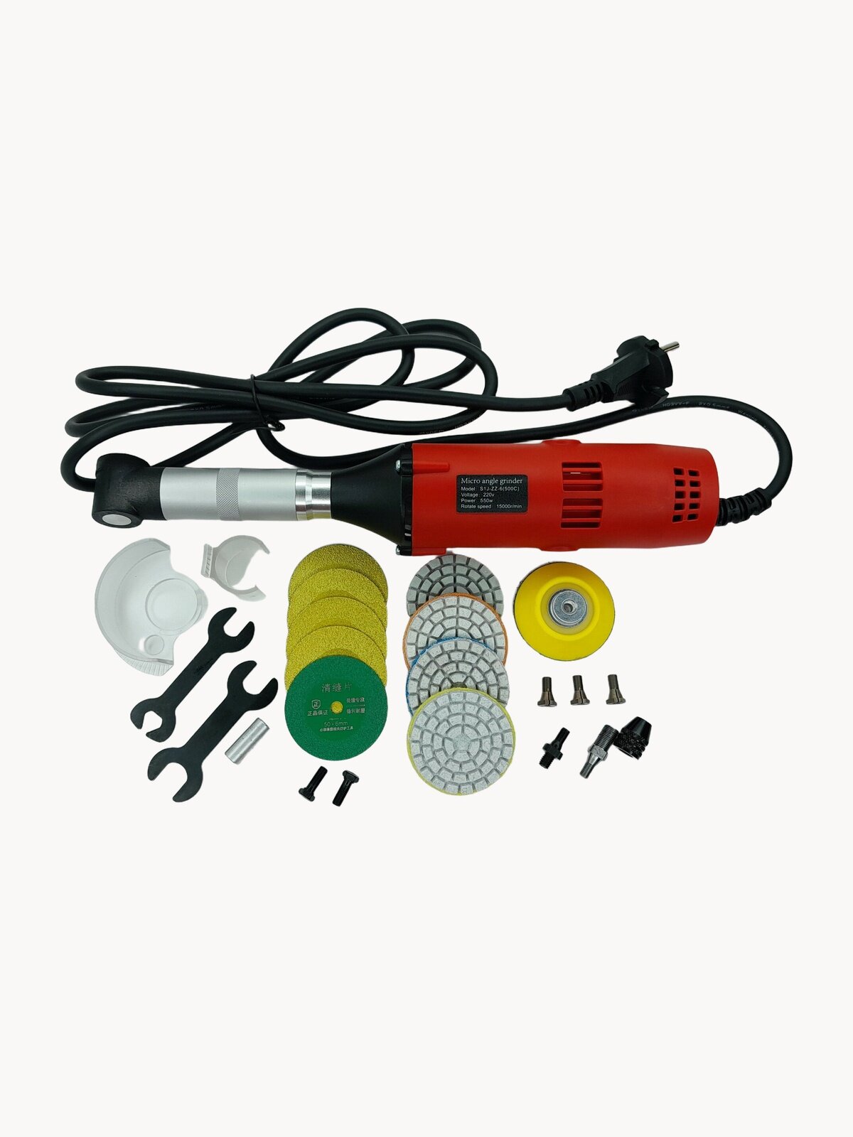 Гравер угловой электрический, комплект с насадками с прозрачным кожухом