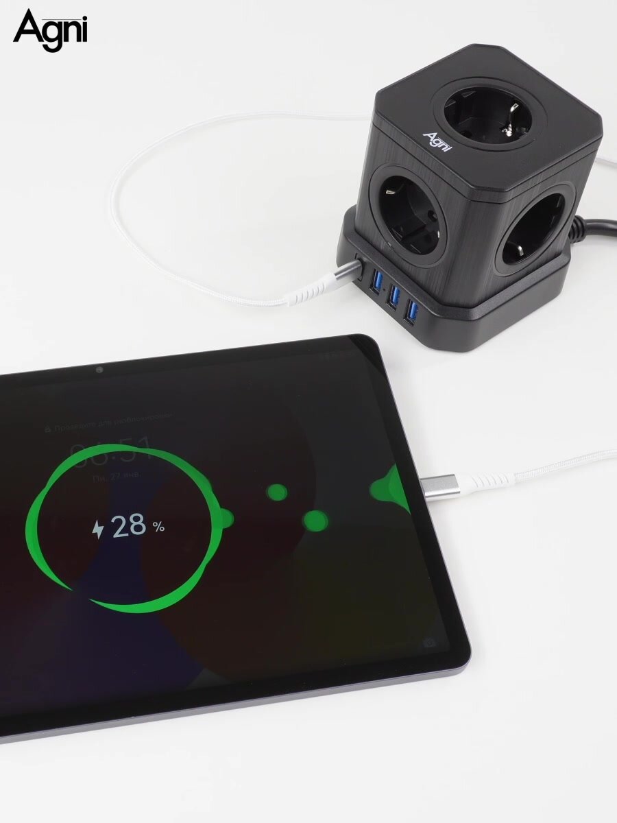 Сетевой фильтр с заземлением AGNI 5 розеток 220V, 3 USB 2.4A, 1 TYPE-C 20W (быстрая зарядка), 16A / 4000Вт 3м черный — фото 1