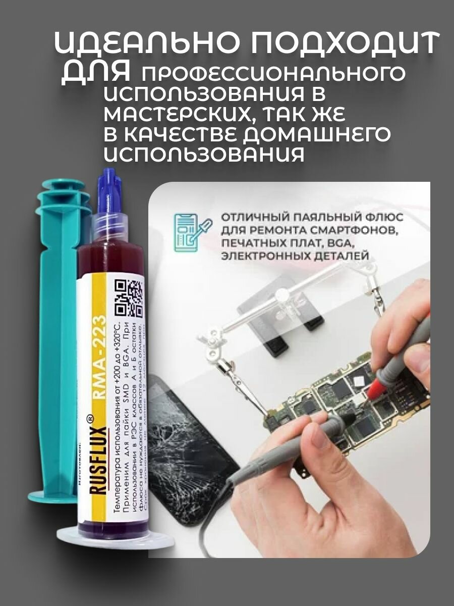 Изображение Флюс Rusflux RMA-223, безотмывочный, для BGA, SMD, гель, 10мл