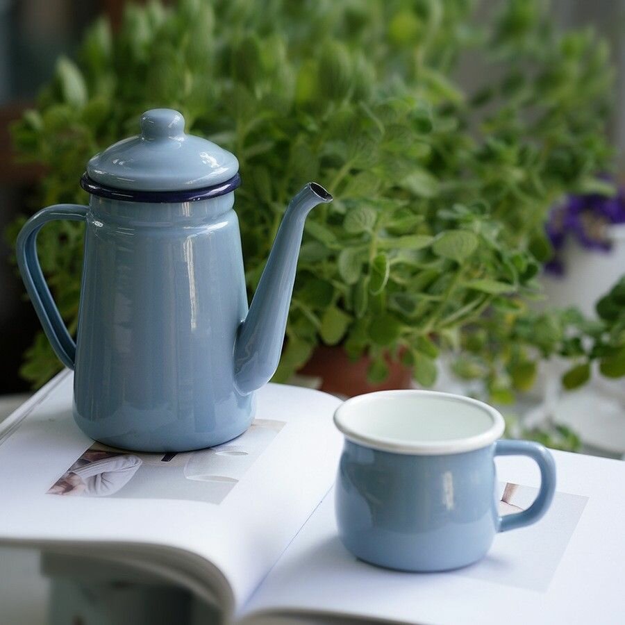 Чайник кофейник, эмаль, 1100мл, жаропрочный, для посудомойки, Синий 1 штука