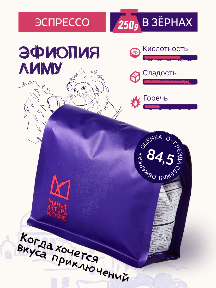 Кофе в зернах Мануфактура Кофе "Эфиопия Лиму", арабика, средняя обжарка, 250 гр