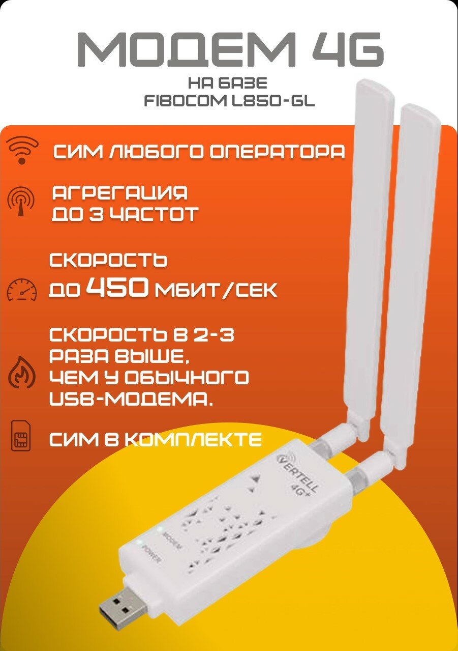 Модем 4G+ LTE Fibocom L850 cat.9 в корпусе VERTELL LONG USB-M.2+Sim-карта в подарок