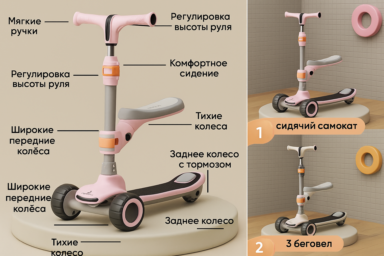 Самокат с сиденьем + Bluetooth, с горящими колесами, для мальчиков и девочек, от 2 до 12лет, Регулируемая ручка.