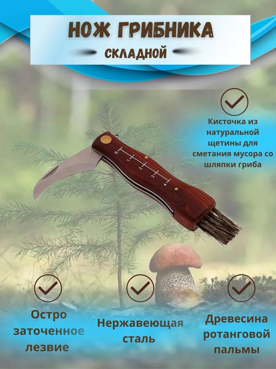 Нож грибника складной туристический с щеточкой