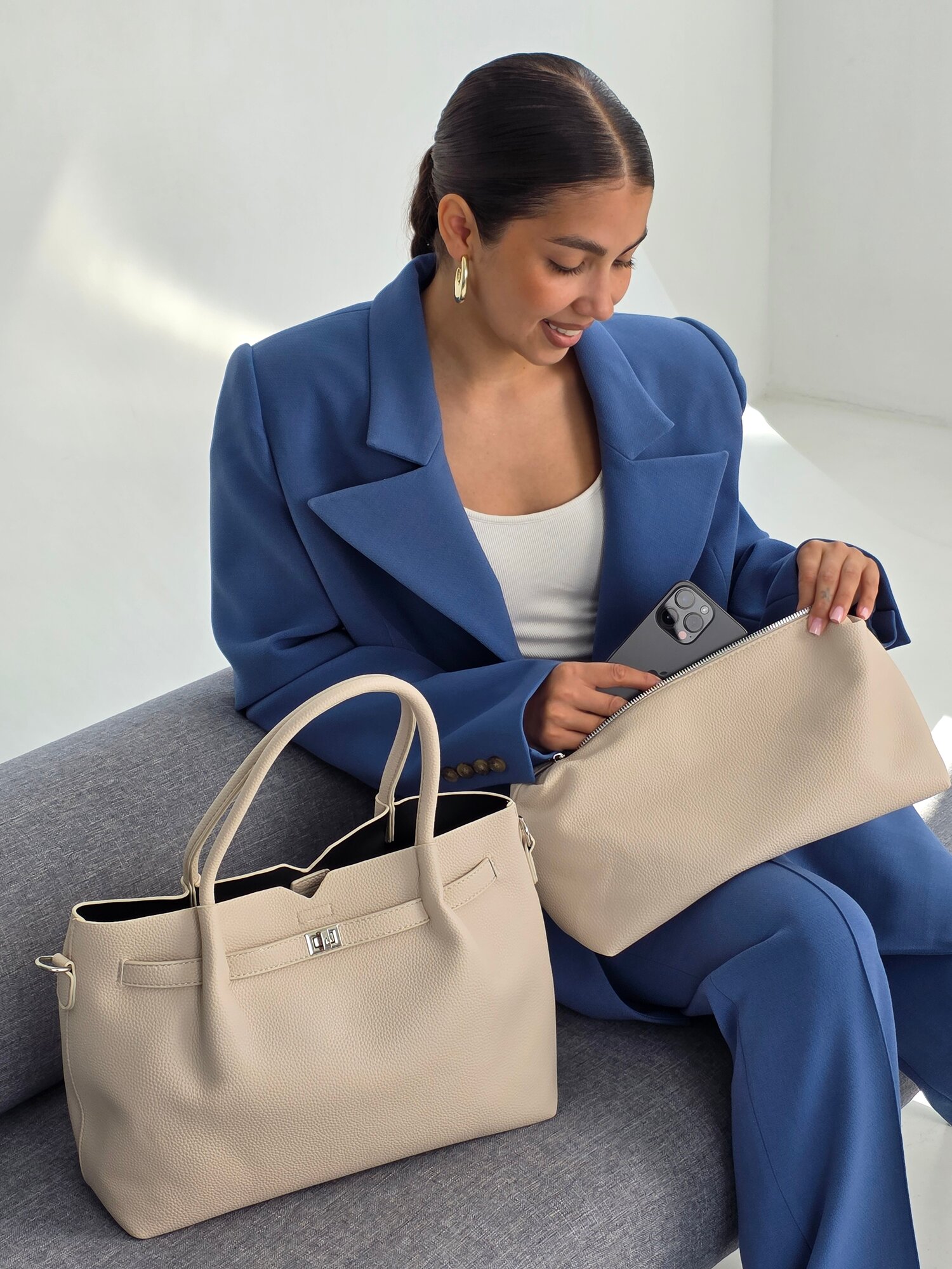 Сумка тоут Evangelina May, фактура зернистая, бежевый — фото 1