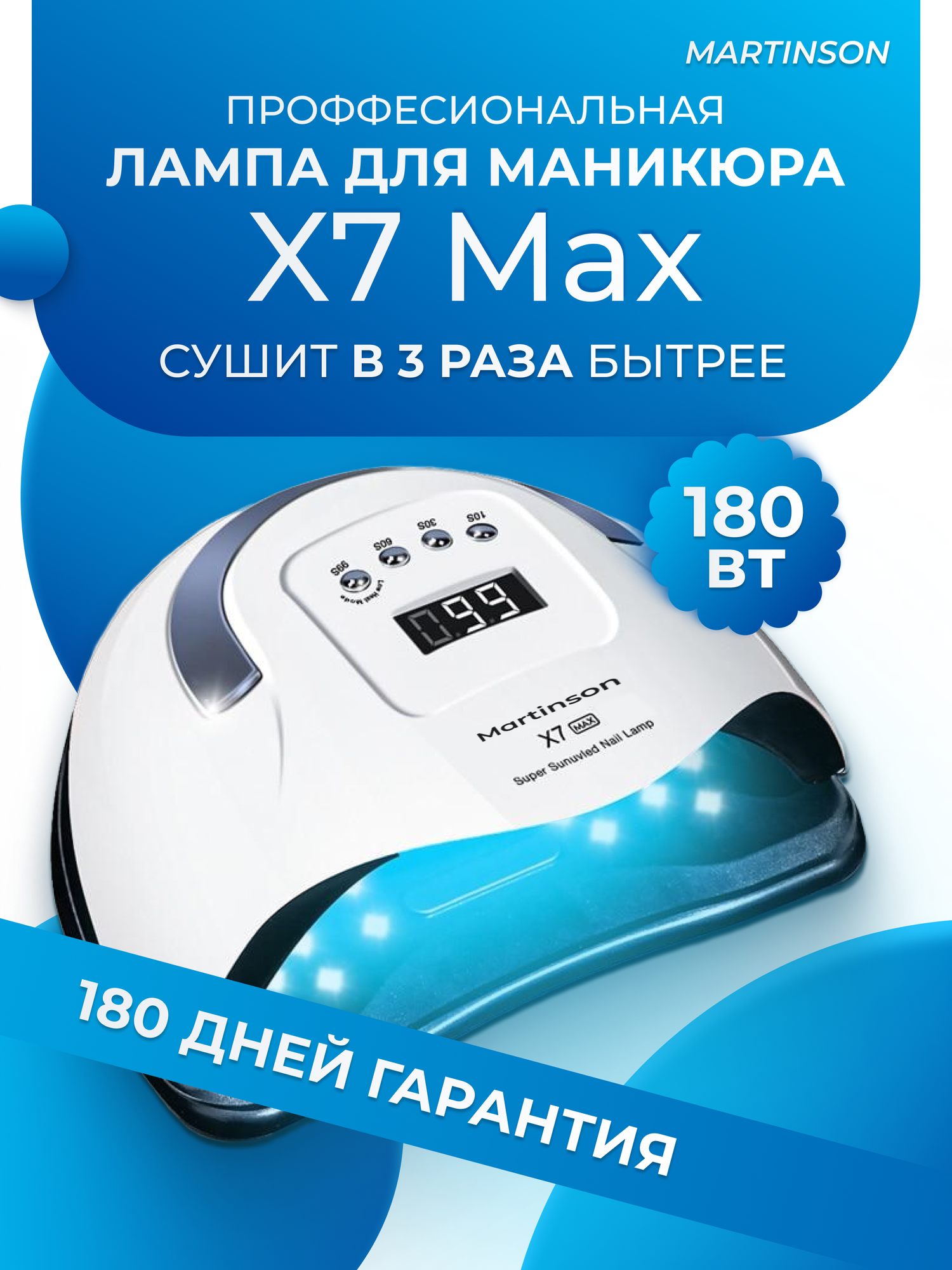 Лампа для маникюра для сушки ногтей для гель лака , шеллака профессиональная настольная 180Вт SunX7 Max. Martinson