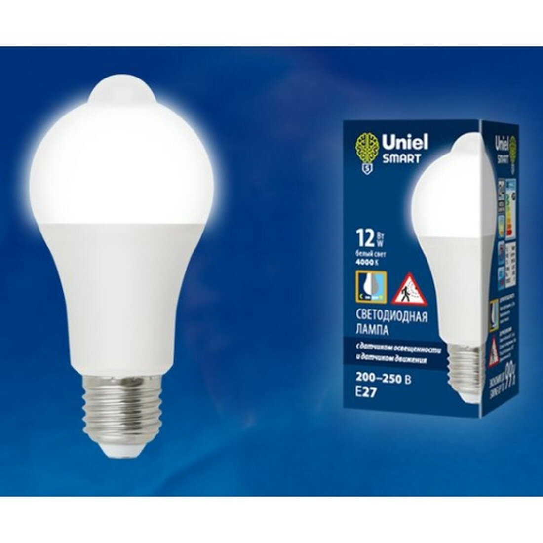 Светодиодная лампа Uniel LED-A60-12W/4000K/E27/PS+MS PLS10WH с датчиком освещенности и датчиком движения