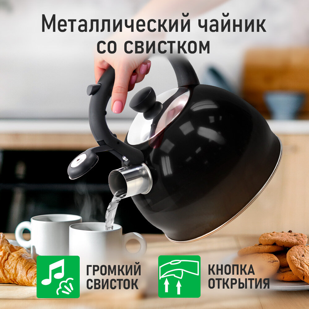 Чайник металлический со свистком MARTA MT-3015 черный глянец — фото 1