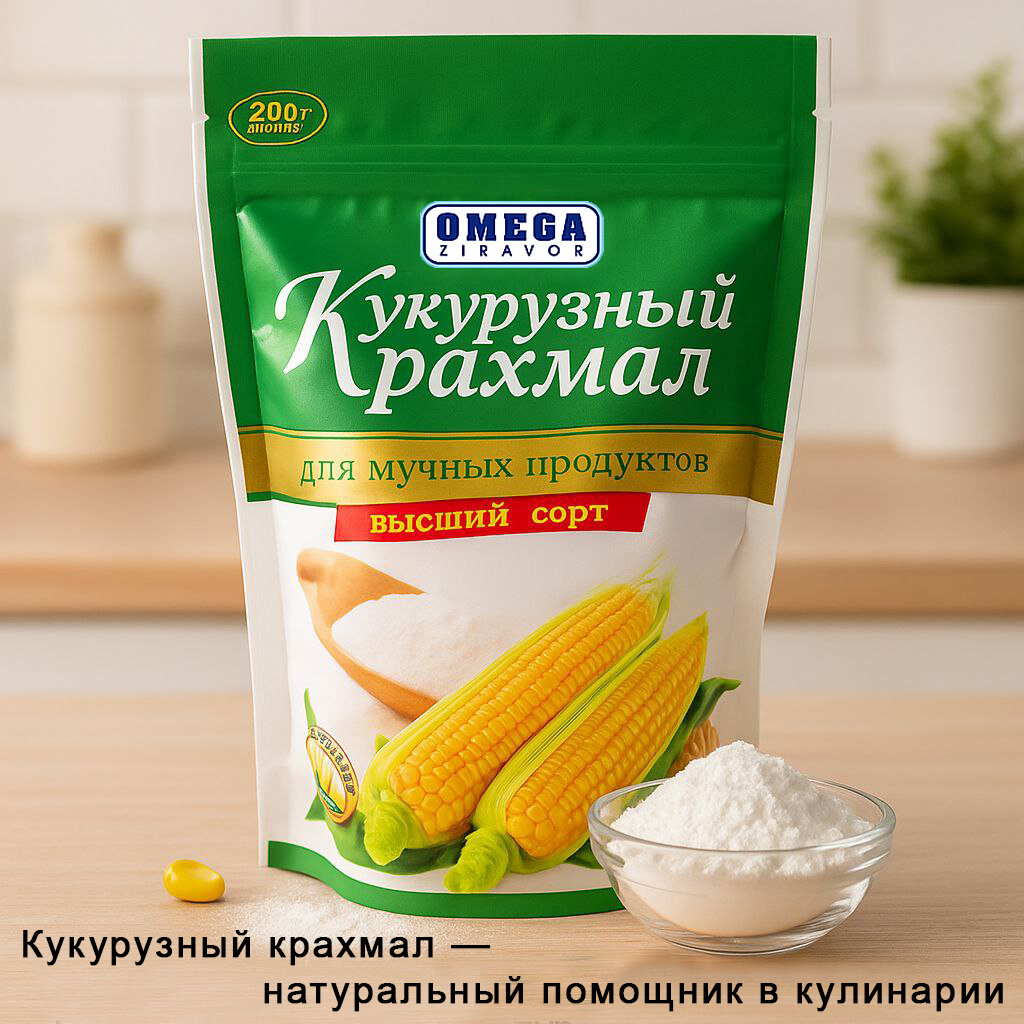 OMEGA Кукурузный крахмал пищевой 200 г в дой-паке — для соусов, выпечки, кремов, десертов и загущения блюд