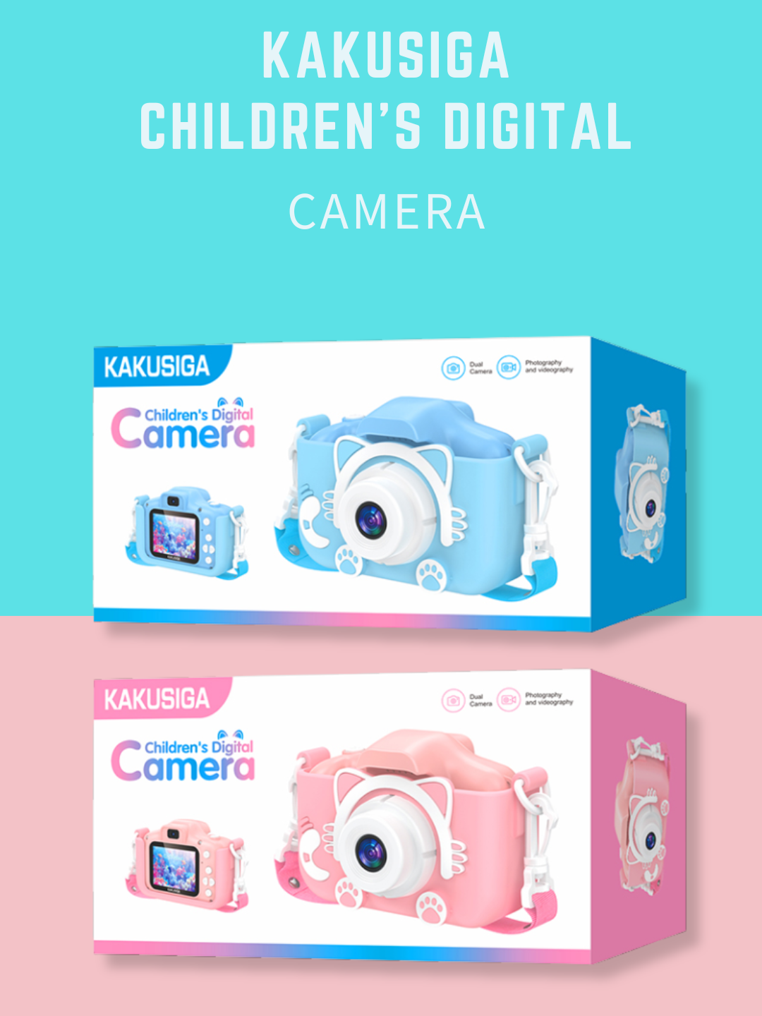 Детская фото- и видеокамера Kakusiga. Дисплей: 2,0 дюйма, HD, двойная камера, 48 Мп, поддержка карт памяти MicroSD 128 ГБ. — фото 1