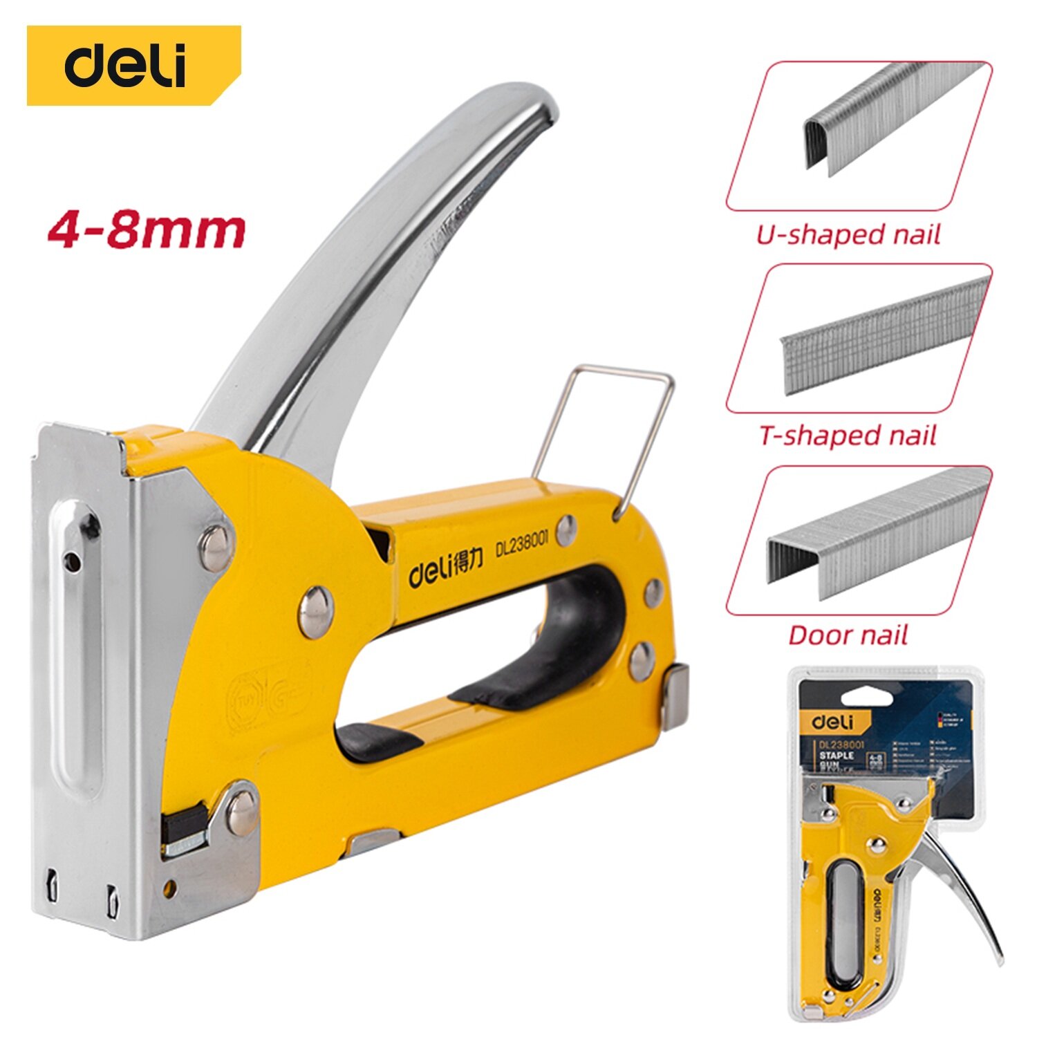 Cтроительный мебельный металлический степлер Deli DL238001 D-скобы, тип 53A, 4-8мм 98415