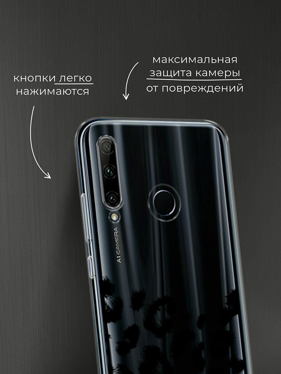 Чехол на Honor 10i/20 Lite 2019/20e/Huawei P Smart Plus 2019 с принтом "Окрас леопарда фон черный", прозрачный — фото 1