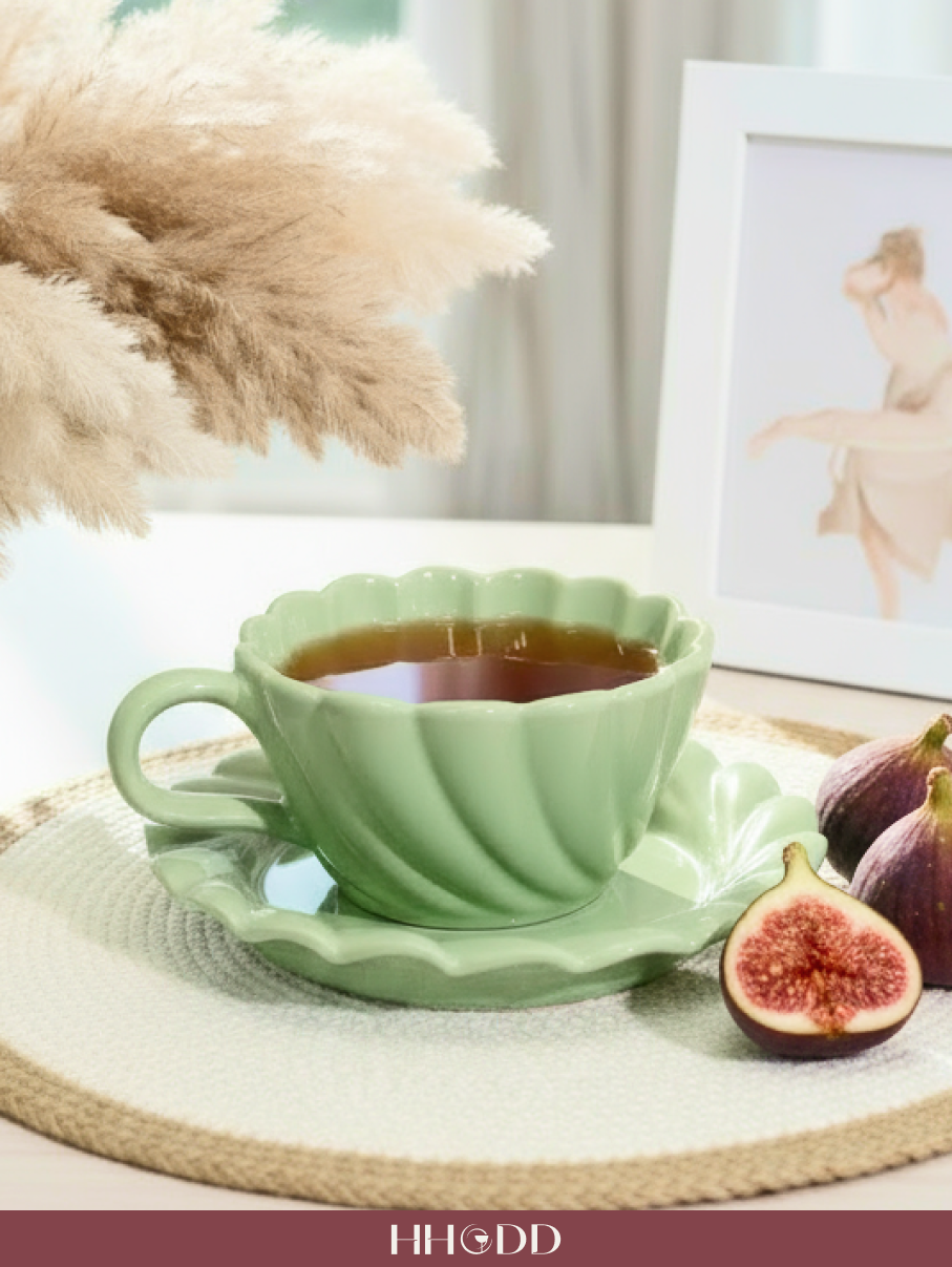 Чайная пара HHODD, керамика, с блюдцем в комплекте, оливковая, для СВЧ и ПММ, 200 мл — фото 1