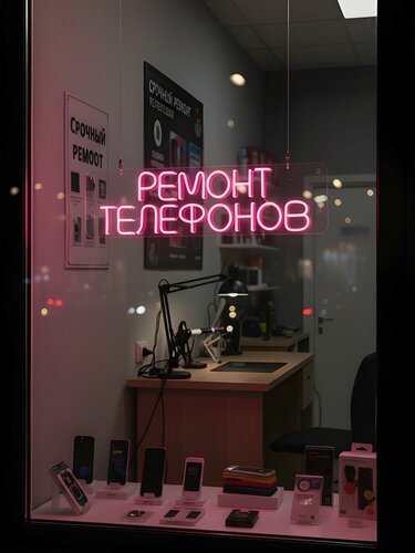 Изображение товара Неоновая вывеска "Ремонт телефонов" 60 x 16 см, неоновая надпись, LED светильник для сервисного центра по ремонту телефонов