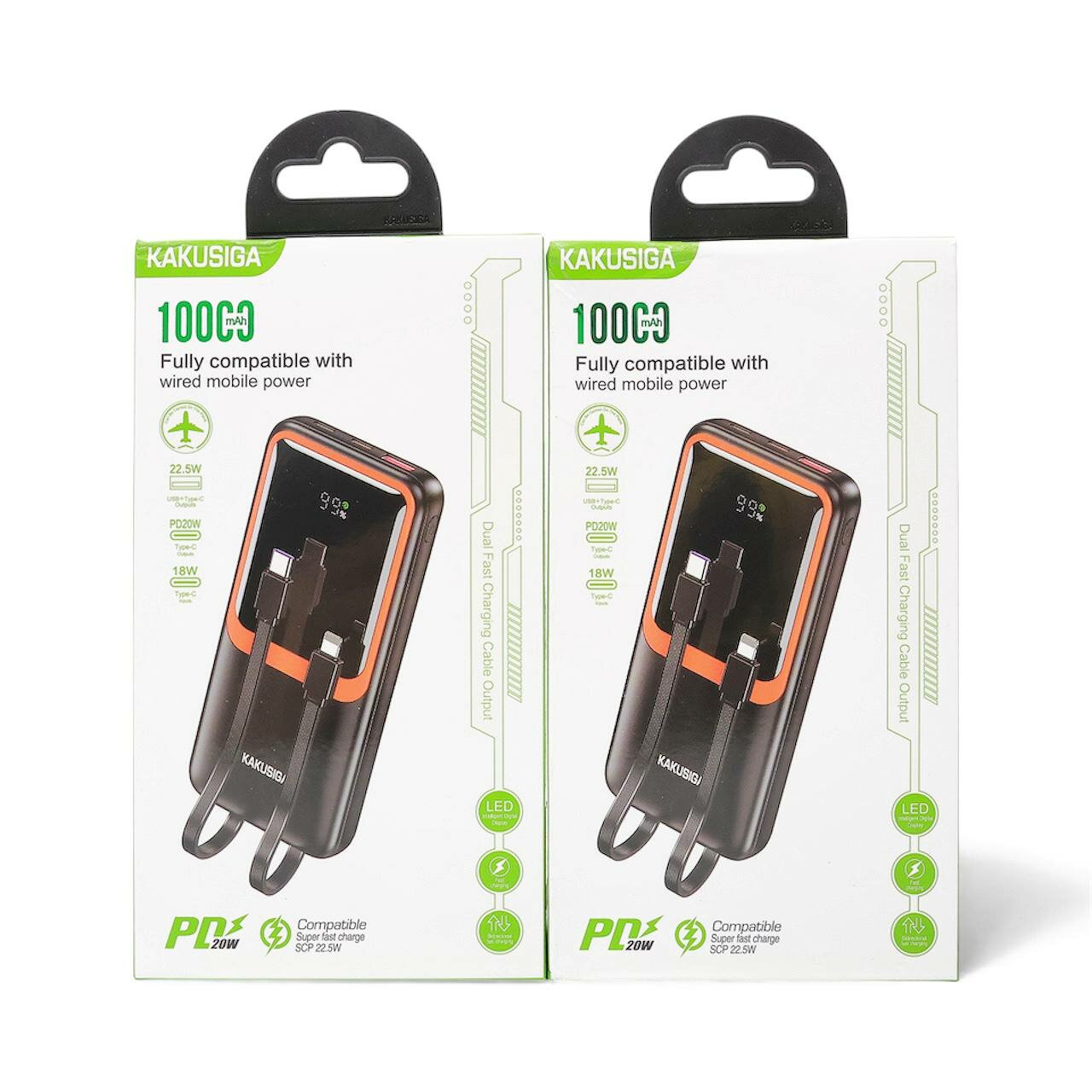 Портативный аккумулятор Kakusiga 10000mAh с 3 портами и кабелями Type-C и Lightning