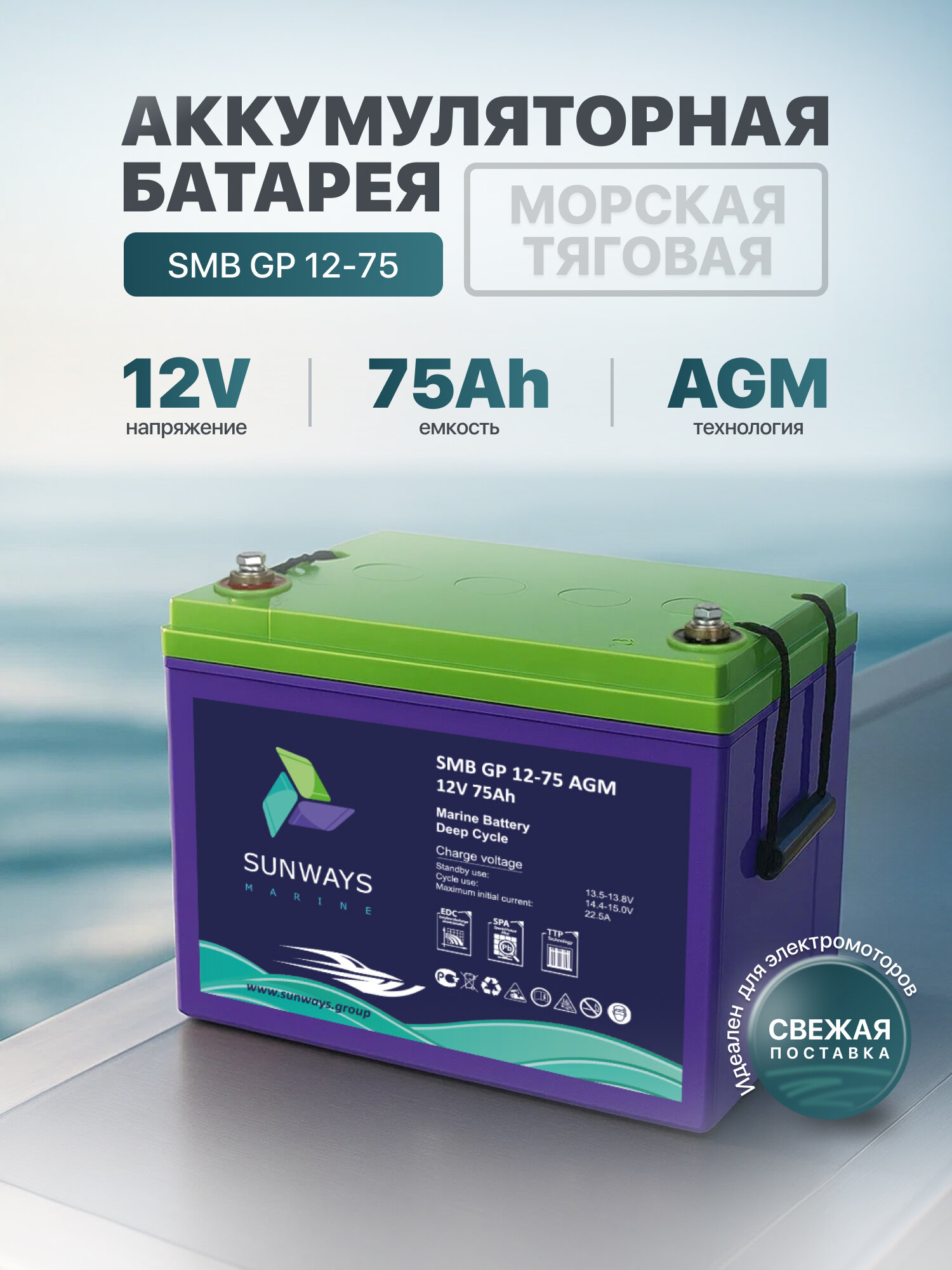 Аккумулятор SUNWAYS GP 12В 75Ач (12V 75Ah), тяговый аккумулятор, для ИБП, 1 шт
