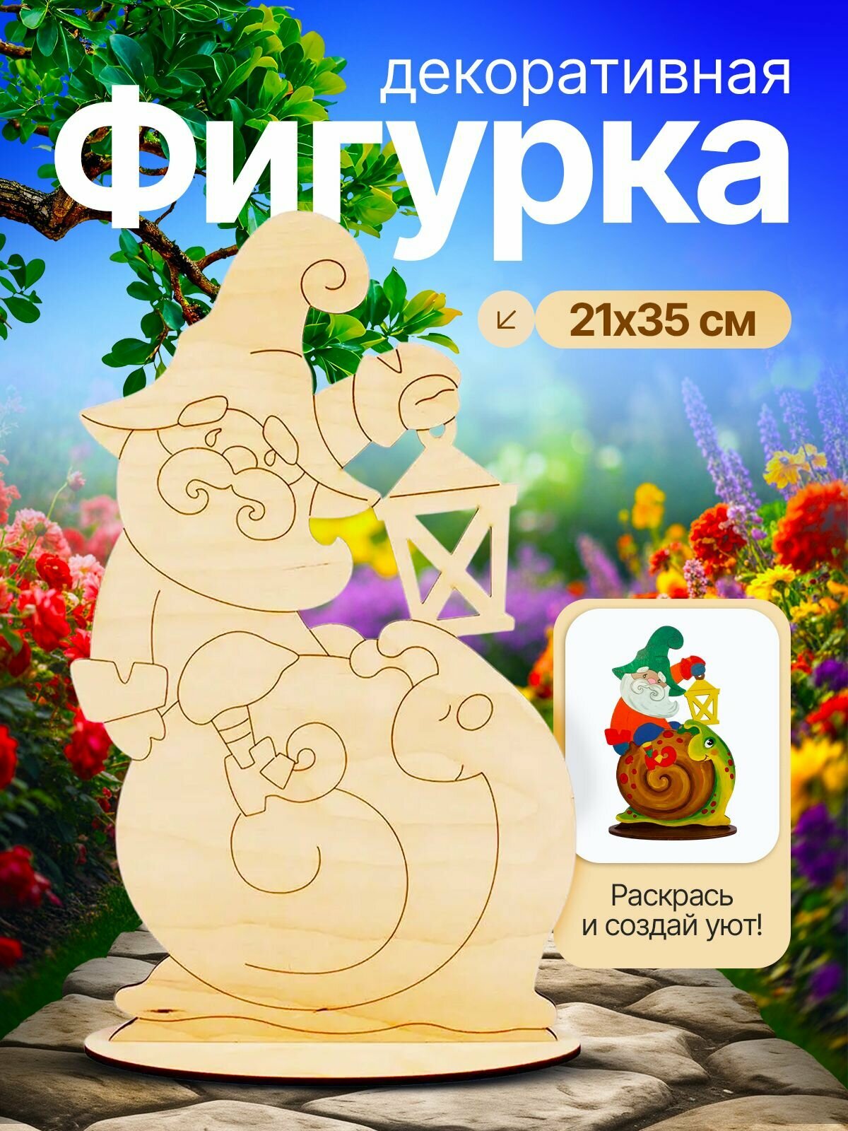 Гном с улиточкой на подставке Садовая фигура Заготовки для поделок деревянные 21х9х35см