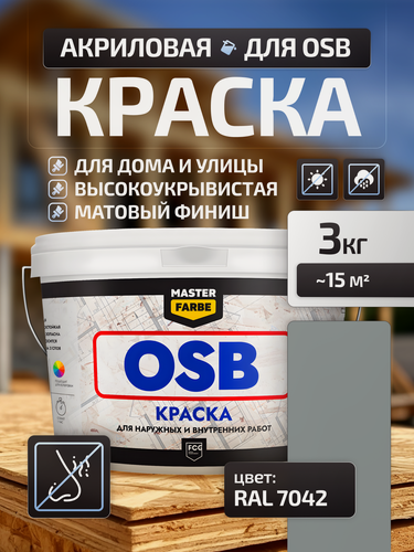 Изображение товара Краска акриловая MASTERFARBE для OSB плит, матовый, RAL 7042, серый, 3 кг