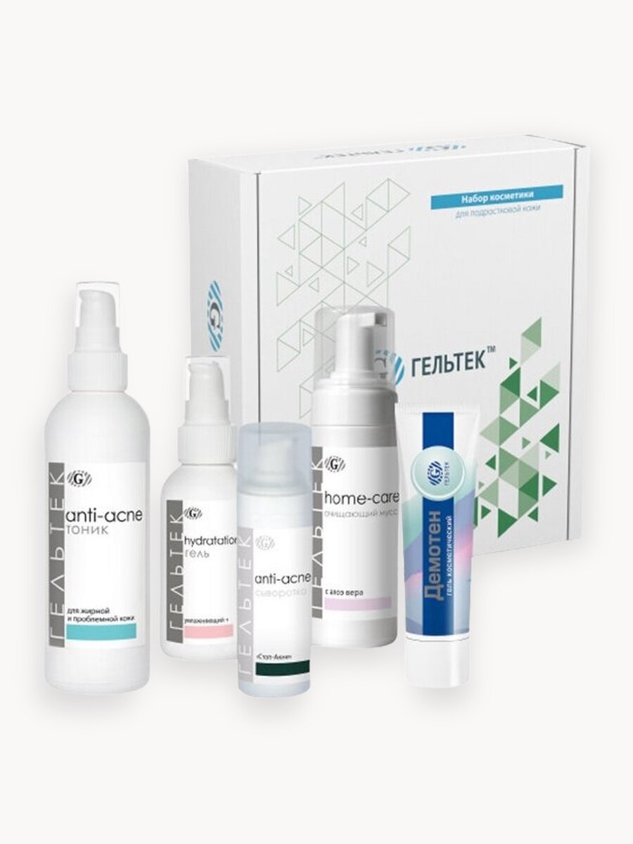 Гельтек Подарочный набор косметики для ухода за подростковой кожей: очищающий мусс, тоник, сыворотка, гель
