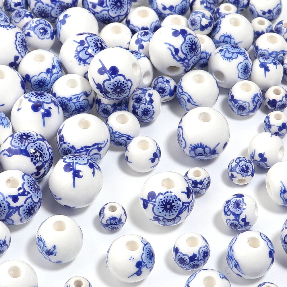 Керамические бусины louleur сине-белые с орхидеями 6-12 мм Синий, 10mm 20pcs, blue 3